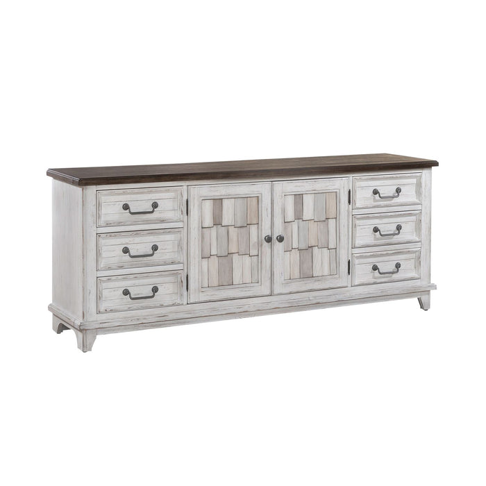 River Place Entertainment Console in Riverstone White/Tobacco