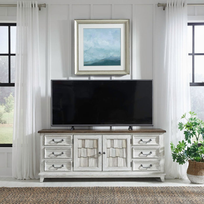 Liberty Furniture River Place Entertainment Console with Hutch in Riverstone White/ Tobacco