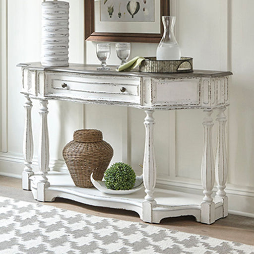 Liberty Furniture Magnolia Manor 56 Inch Hall Console Table in Antique White Base w/ Weathered Bark Tops image