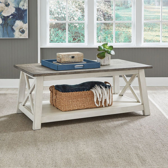 Liberty Furniture Laurel Bluff Cocktail Table in Antique White with Dusty Gray Top