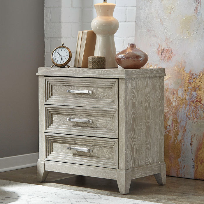 Liberty Furniture Belmar 3 Drawer Nightstand in Washed Taupe and Silver Champagne image