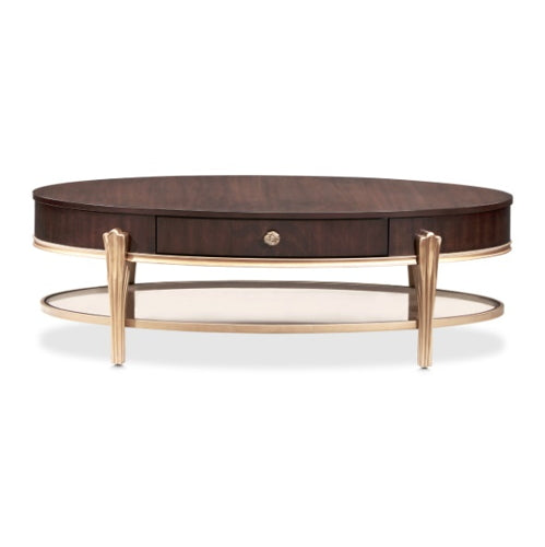 AICO Furniture Camellia Field Oval Cocktail Table in Warm Pecan