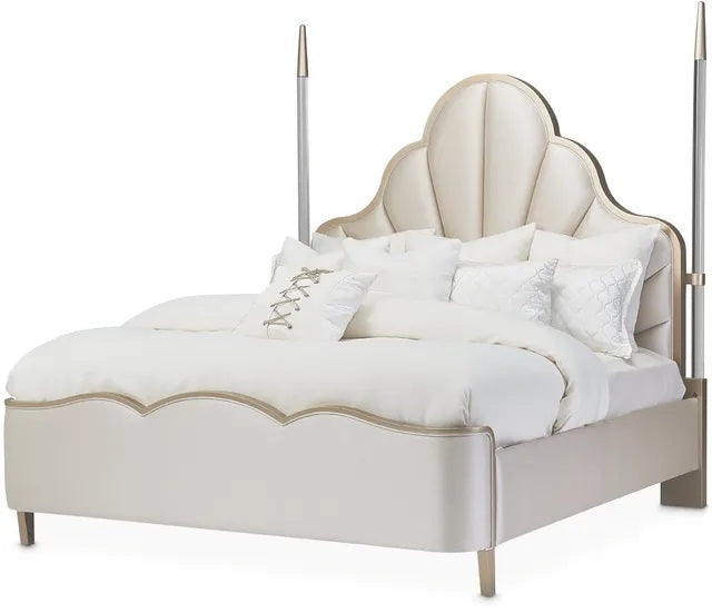 AICO Malibu Crest King Scalloped Poster Bed in Chardonnay