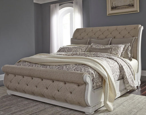 Liberty Furniture Abbey Park Upholstered California King Sleigh Bed in Antique White EST SHIP TIME APPX 4 WEEKS image